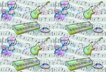 Seamless dirty music paper, watercolor stains, guitar, drum, synthesizer, melody, hippie, mess creative