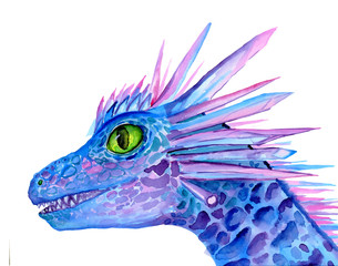 Watercolor blue dragon  isolated on white background. Hand painted illustration.  