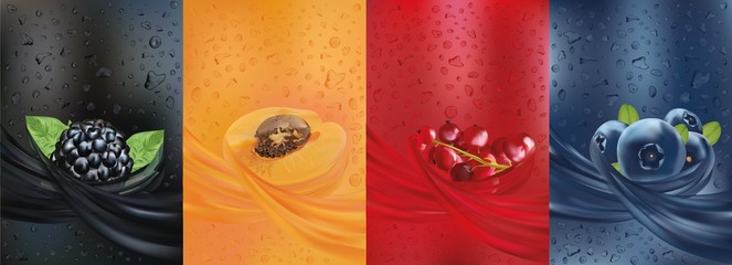 Fruit juice, blackberry, blueberry, apricot, red currant berry. Fresh fruits and green with green leaf. Splashes with fruit. Summer, nature, drink, cocktail. 3D realistic fruit close up. Vector