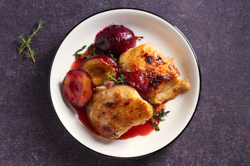 Chicken thighs and plums in ginger, honey and red wine sauce with thyme