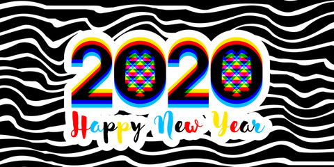 Modern multicolored numbers 2020 with stereoscopic effect and Happy New Year greetings on black white striped background. Stylish vector illustration for holiday calendar, flyer or