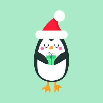 Vector graphics. Bright, adorable cartoon illustration of a penguin with a gift. Christmas cute character. Christmas icon. Light background. 