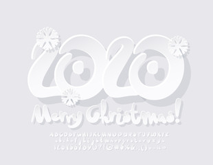 Vector snow white modern Greeting Card Merry Christmas 2020. Creative Alphabet Letters and Numbers. Cute kids Font.