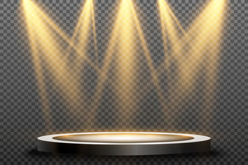 Round podium, pedestal or platform, illuminated by spotlights in the background. Vector illustration. Bright light. Light from above. Advertising place