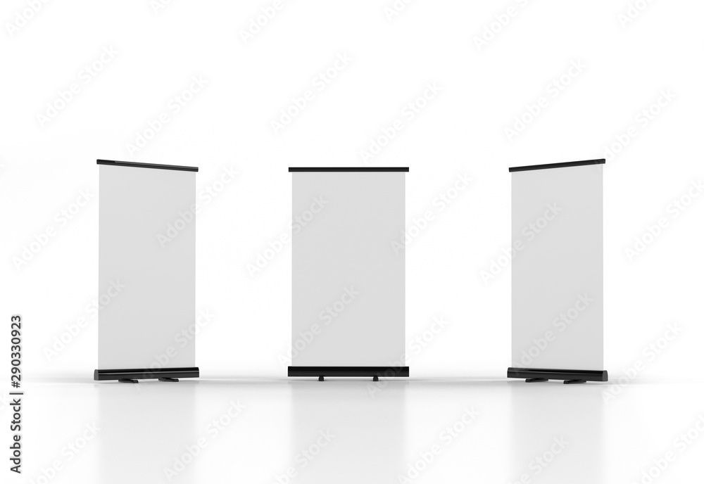 Wall mural 3d rendering of blank vertical rollup (empty billboard advertisement) isolated on white background. 