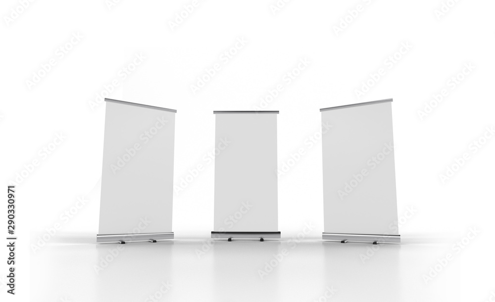 Wall mural 3d rendering of blank vertical rollup (empty billboard advertisement) isolated on white background. 
