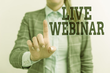 Word writing text Live Webinar. Business photo showcasing Interactive seminar transmitted over the web Real Time Digital business concept with business woman