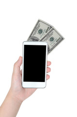 Woman hand with smart phone and dollar banknote with clipping path, online business concept.