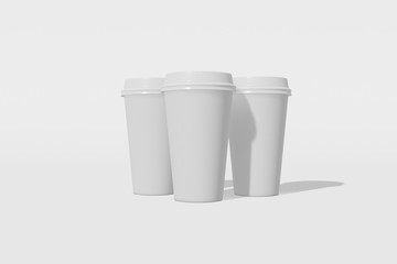 Set of three white paper mockup cup with a lid on a white background. 3D rendering