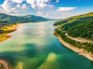 Aerial view on village Mavrovo and Lake Mavrovo in North Macedonia - obrazy, fototapety, plakaty