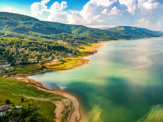 Aerial view on village Mavrovo and Lake Mavrovo in North Macedonia