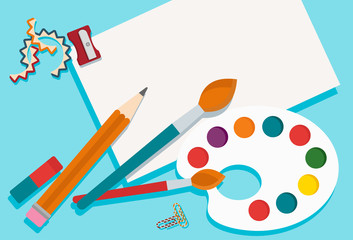 Poster with art supplies. Paints, palette, art brushes and pencils