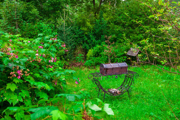 Old retro metal closed wrought iron barbecue with firewood for cooking in a green flowered garden with leaves, grass and trees on a warm summer day.