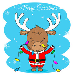 Christmas card. Reindeer with Christmas lights