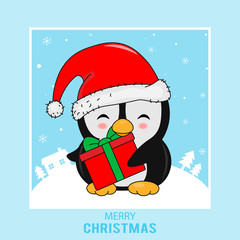 Christmas card. Cute penguin with a gift in hands