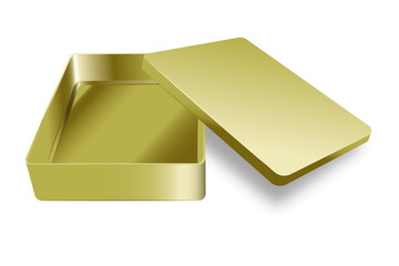 Template of metal box with cover up. Vector golden color realistic box