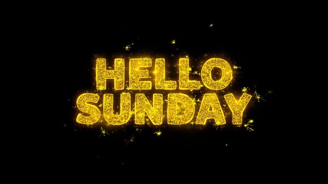 Hello Sunday Text Sparks Glitter Particles on Black Background. Sale, Discount Price, Off Deals, Offer promotion offer percent discount ads 4K Loop Animation.