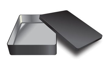Template of metal box with cover up. Vector silver inside and black outside realistic box