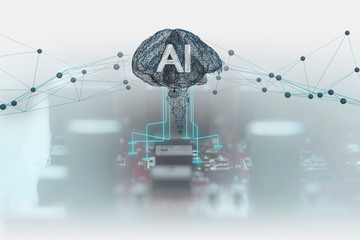Artificial intelligence Printed circuit board with brain, neural network system, grey light background, machine learning, spirit in the machine