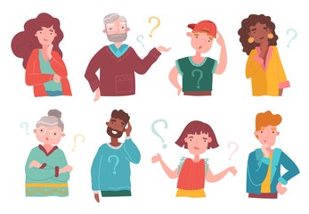 Set of eight colorful multiracial cartoon people deep in thought, some with question marks, some thinking scratching their heads, vector illustration