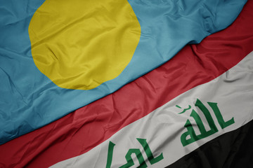 waving colorful flag of iraq and national flag of Palau .