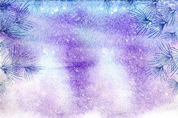 Watercolor winter background, snowing, pine branches.. Watercolor illustration for postcards, greetings, banner.
