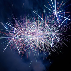 Colorful holiday fireworks on black sky background