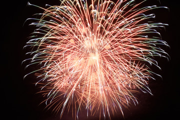 Holiday fireworks on black sky background