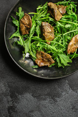 healthy salad chicken liver, mix leaves, vegetables. healthy food (arugula, mix salad, tomato, onion, cucumber) menu concept. food background. copy space. Top view
