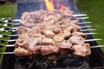 Fry kebabs on the grill. Vacation with friends