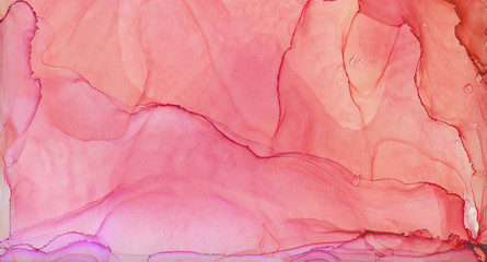Bright soft light pink alcohol ink abstract background. Flow liquid magenta watercolor paint splash texture effect illustration for card design, modern banners, ethereal graphic design