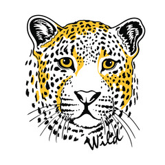 Leopard portrait isolated on white background. Template. Close-up. Clip art. Hand Painting. Ink. Line art, black and white. Vector. Line art.  Lettering