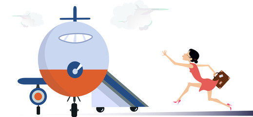 Young woman in the airport illustration. Scurrying young woman with suitcase trying does not miss the flight isolated on white