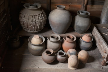 Old pottery in the old kitchen are vintage style interior asian houes.