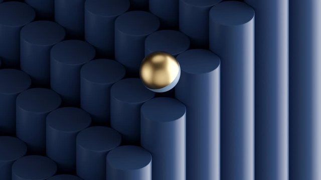 seamless minimal animation, golden ball jumping down stairs, blue cylinders, simple geometric shapes. Repeating movement. Looped background, live image, modern animated poster. Endless motion design.