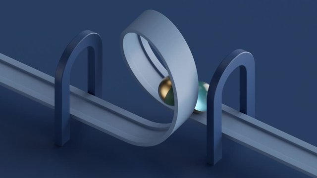loop animation of simple geometric shapes. Assorted balls rolling, spiral path, twisted road. Computer generated seamless motion design. Repeating movement. Live image, modern minimal animated poster.