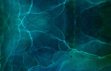 Bright dark blue alcohol ink neon abstract background. Modern deep glowing flow liquid watercolor...