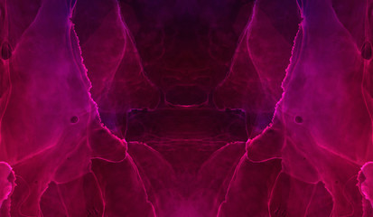 Bright deep dark pink alcohol ink neon abstract on black paper background. Flow liquid watercolor paint splash texture effect illustration for card design, modern banners, ethereal graphic design