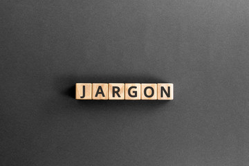 Jargon  - word from wooden blocks with letters,  special words and phrases jargon concept, top view on grey background