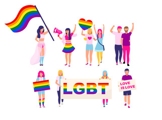 LGBT members flat characters set. Pride parade, march participants with rainbow flags isolated cartoon illustrations. Homosexual couples, gay community members protesting, fighting for equal rights