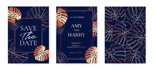 Monstera Tropical, Blue and Golden luxurious invitation template, weddings card.