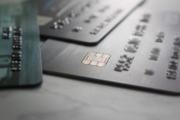 Close up, credit cards on the table. Finance concept