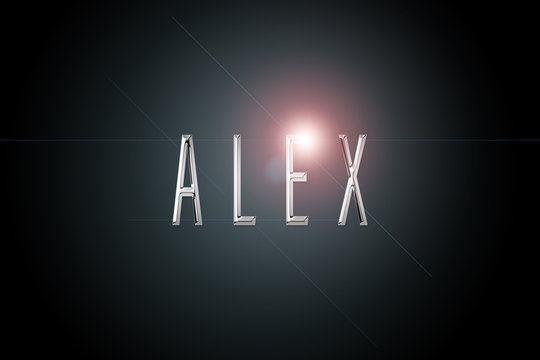 first name Alex in chrome on dark background with flashes