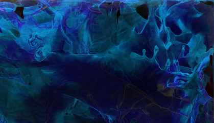 Bright dark blue alcohol ink neon abstract background. Modern deep glowing flow liquid watercolor paint splash texture effect illustration for card design, creative banners, ethereal graphic design.