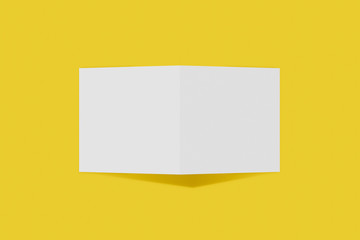 Mockup square booklet, brochure, invitation isolated on a yellow background with hard cover and realistic shadow. 3D rendering.