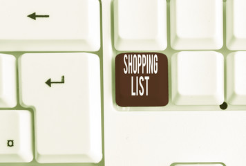 Writing note showing Shopping List. Business concept for Discipline approach to shopping Basic Items to Buy White pc keyboard with note paper above the white background
