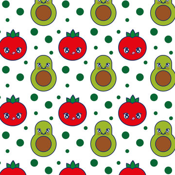 cute tomato and avocados kawaii pattern