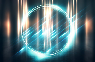 Abstract background. Dark empty stage, multi-colored rays of a neon searchlight, wet asphalt, smoke, night shooting, bokeh color.