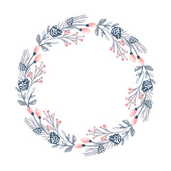Fototapeta na wymiar Christmas vector flower wreath and red berries on evergreen branches with place for text. Isolated xmas illustration for greeting card