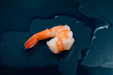 One shrimp on blue background.